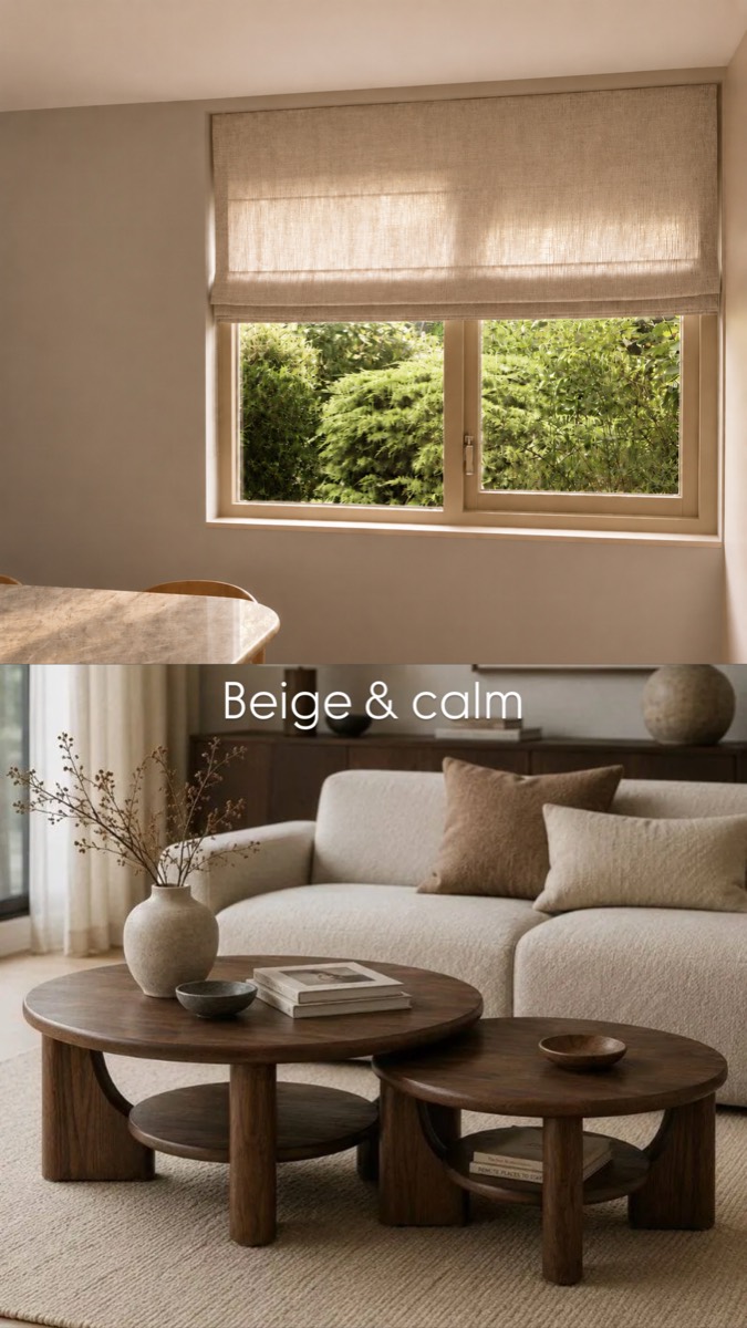 Kleurenmoodboard 'Beige en calm' met vouwgordijn en zandkleurig woonbeeld