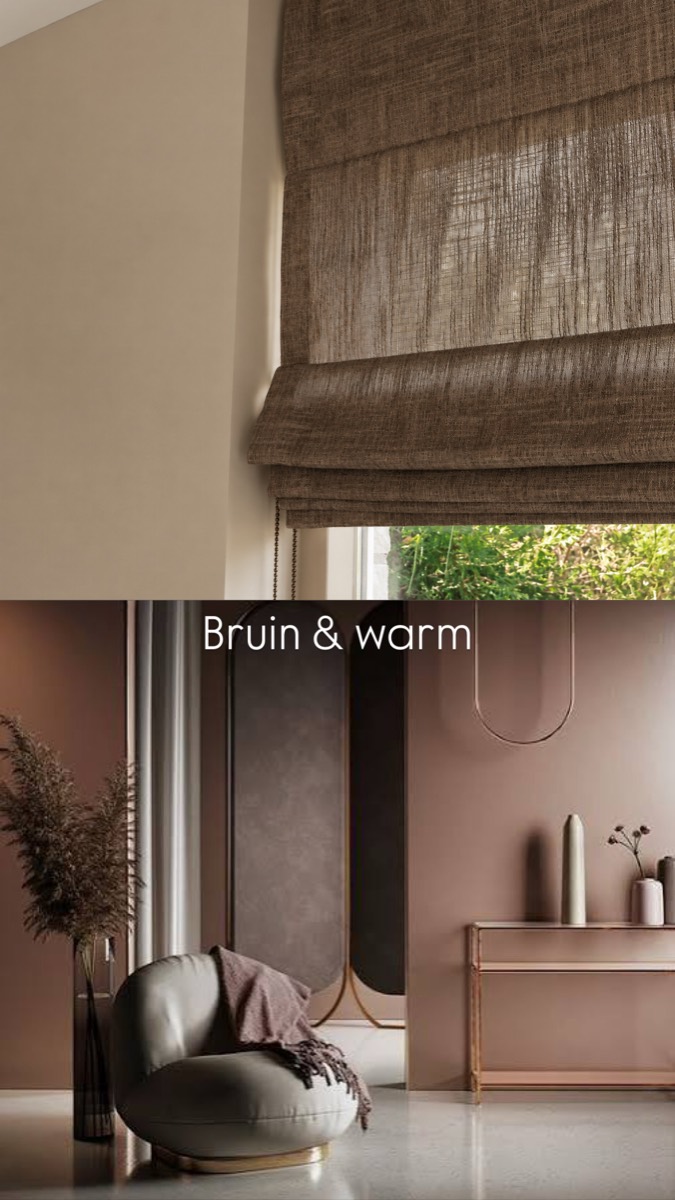 Kleurenmoodboard 'Bruin en warm' met linnen vouwgordijn en warm getint interieur