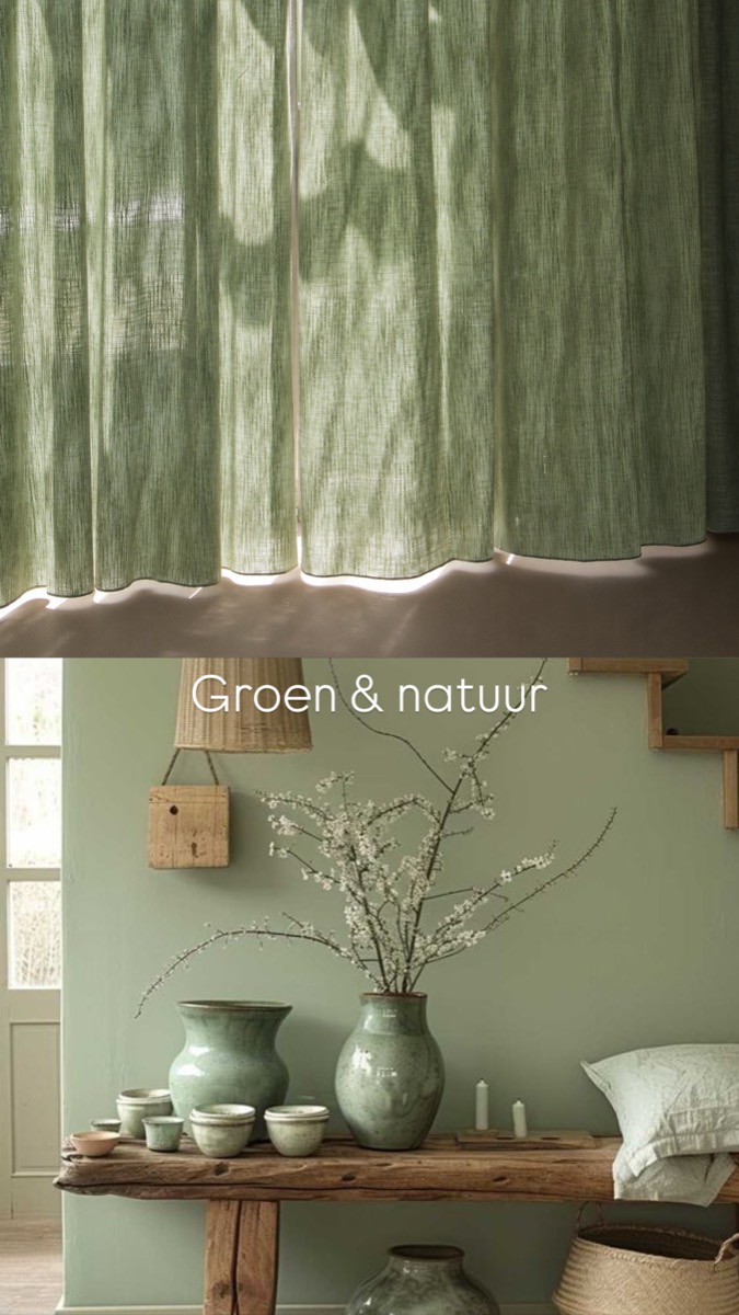 Kleurenmoodboard 'Groen en natuur' met groen linnen gordijn en celadon keramiek