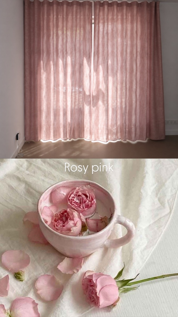 Kleurenmoodboard 'Rosy pink' met roze gordijnen en rozenstilleven